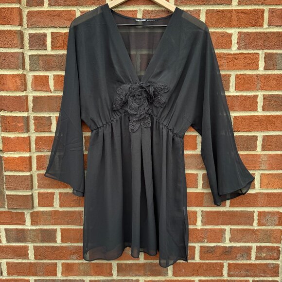 Sheer Flowy Babydoll Tunic Top LG/XL Black Bell Sleeves 3D Flower Fairy Goth - Picture 1 of 9